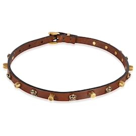 Gucci-Gucci-Halsband aus braunem Leder mit Katzenkopf und Nieten in Goldton-Andere