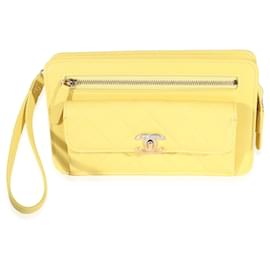 Chanel-Chanel Yellow Lambskin Quilted Front Pocket Wristlet-Yellow