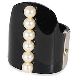 Chanel-Chanel 2015 Gold Tone Resin Hinged Bangle Bracelet With Faux Pearls-Other