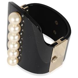 Chanel-Chanel 2015 Gold Tone Resin Hinged Bangle Bracelet With Faux Pearls-Other