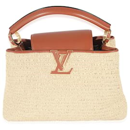 Louis Vuitton-Louis Vuitton Capucines de cuero caramelo y rafia beige MM-Beige