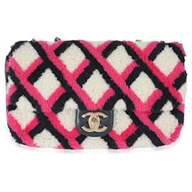 Chanel-Bolsa Chanel Fuchsia Navy White Shearling em pele de cordeiro com aba única-Rosa,Branco,Multicor