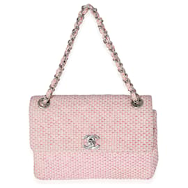 Chanel-Chanel tissé raphia rose blanc petit sac à rabat à bandoulière CC-Rose
