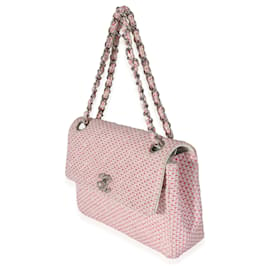 Chanel-Chanel tecido ráfia rosa branco bolsa de ombro pequena CC-Rosa