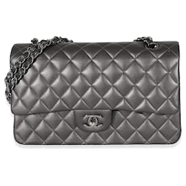 Chanel-Chanel 09A Grey Metallic Lambskin Medium Classic lined Flap Bag-Grey