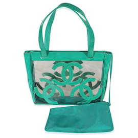 Chanel-Chanel Teal Vinyl Patent Triple CC Tote-Blue,Green