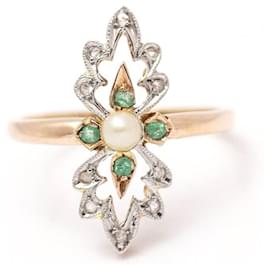 Autre Marque-Gold, platinum, Pearl and Emerald Ring-Silvery,Golden,Green
