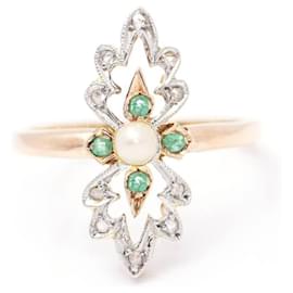 Autre Marque-Gold, platinum, Pearl and Emerald Ring-Silvery,Golden,Green