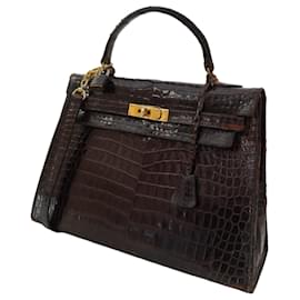 Hermès-Sac Hermes Kelly 32 en crocodile marron-Marron