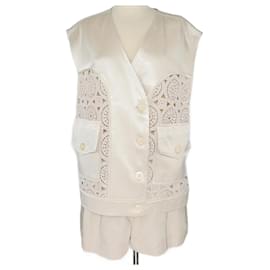 Autre Marque-Nocturne Light Beige Embroidered Lace Vest & Short Set-Beige