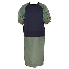 Sacai-Sacai Navy Blue/Green Zipper Sleeve T-Shirt & Pants Set-Blue
