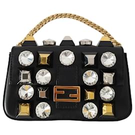 Fendi-Fendi Micro Baguette bag in black leather and large rhinestones-Black