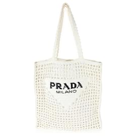 Prada-Prada White Raffia Crochet Triangle Logo Tote-White