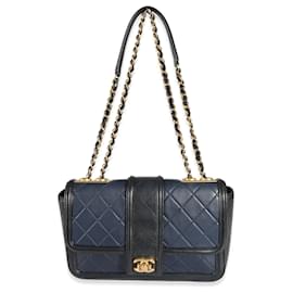 Chanel-Chanel Navy Black Quilted Lambskin Medium Elegant CC Flap Bag-Black,Blue