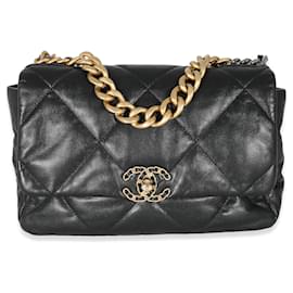 Chanel-Chanel Black Shiny Lambskin Chanel 19 flap bag-Black
