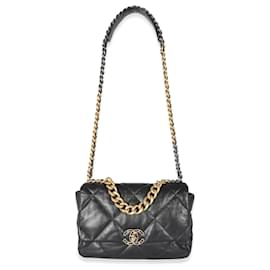 Chanel-Chanel Black Shiny Lambskin Chanel 19 flap bag-Black