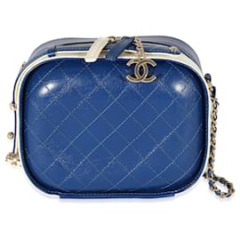 Chanel-Chanel Estojo de couro de bezerro amassado branco marinho-Branco,Azul