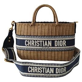 Dior-Dior Panier bag in natural wicker and navy blue oblique canvas-Beige