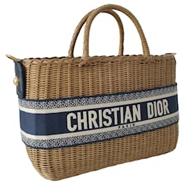 Dior-Dior Panier bag in natural wicker and navy blue oblique canvas-Beige