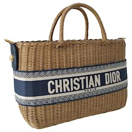 Dior-Dior Panier-Tasche aus natürlichem Korbgeflecht und marineblauem, schrägem Canvas-Beige