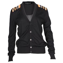 Balmain-Cardigan mit Streifendetail aus schwarzer Wolle Schwarz
