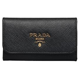 Prada-Prada Saffiano 6 Schlüsseletui Geldbörse Leder Schlüsseletui 1PG222 In sehr gutem Zustand-Schwarz