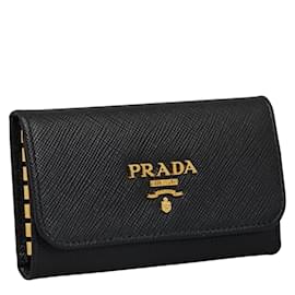 Prada-Prada Saffiano 6 Porte-clés Portefeuille Porte-clés en cuir 1PG222 In excellent condition-Noir