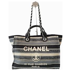 Chanel-Chanel Deauville tote bag in navy blue striped canvas-Blue