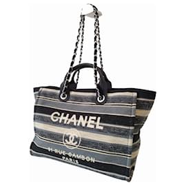 Chanel-Chanel Deauville tote bag in navy blue striped canvas-Blue