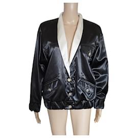 Chanel-Chanel Bomber jacket in black satin with white collar Spring-Summer 2021-Black