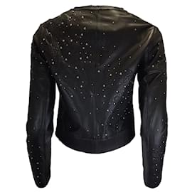 Elie Tahari-Elie Tahari Black Studded Floral Applique Lambskin Leather Jacket-Black