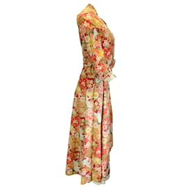 Autre Marque-Gul Hurgel Red / Green Multi Floral Printed Belted Cotton Midi Dress-Multiple colors