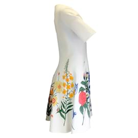 Oscar de la Renta-Oscar de la Renta Ivory Floral Jewel Neck A-Line Dress-Cream
