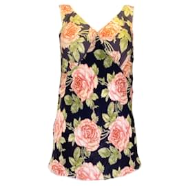Paco Rabanne-Paco Rabanne Brown / Rosafarbene Bluse mit V-Ausschnitt aus gemischter Seide und Samt mit Blumen- und Rosenmuster-Mehrfarben