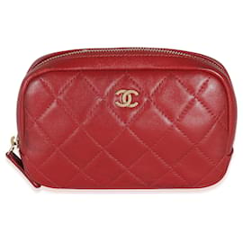 Chanel-Chanel Red Quilted Lambskin Small Curvy Pouch Cosmetic Case-Red