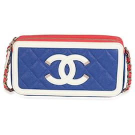 Chanel-Chanel Azul Branco Vermelho Acolchoado Caviar forrado Zip Filigrana Embreagem-Branco,Vermelho,Azul