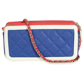 Chanel-Chanel Blue White Red Quilted Caviar lined Zip Filigree Clutch-White,Red,Blue