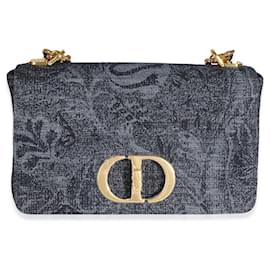 Christian Dior-Christian Dior Navy Floral Denim Medium Caro Chain Bag-Blue