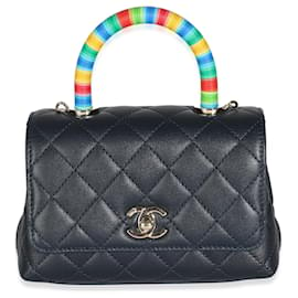 Chanel-Chanel Navy Quilted Goatskin Rainbow Extra Mini Coco Top Handle Bag-Blue,Multiple colors