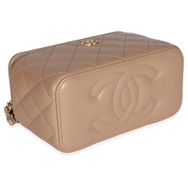 Chanel-Chanel 22B Petite trousse de toilette matelassée en cuir d'agneau matelassé beige avec chaîne-Marron