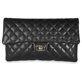 Chanel-Chanel 18S Black Quilted Caviar Timeless Flap Clutch-Black