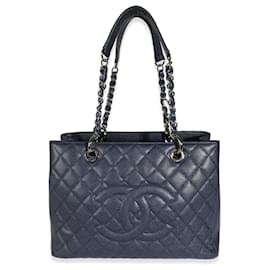 Chanel-Chanel Navy Quilted Caviar Grand Shopping Tote-Blue