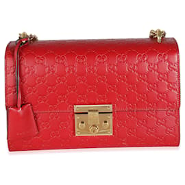 Gucci-Gucci Red Guccissima Embossed Medium Padlock Chain Bag-Red