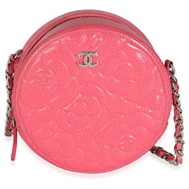 Chanel-Chanel Pink Camellia Embossed Caviar Round Mini Pouch With Chain-Pink