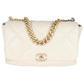 Chanel-Chanel Ivory Shiny Quilted Lambskin Maxi Chanel 19 flap bag-Beige