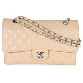 Chanel-Chanel Bolso con solapa forrado clásico mediano de caviar acolchado beige-Beige