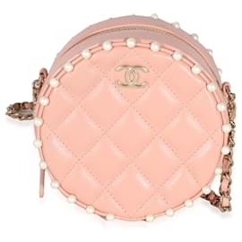 Chanel-Chanel Pink gesteppte Perlen-Rundkupplung aus Kalbsleder mit Kette-Pink