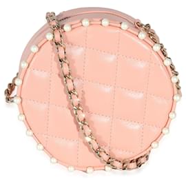 Chanel-Chanel Pink gesteppte Perlen-Rundkupplung aus Kalbsleder mit Kette-Pink