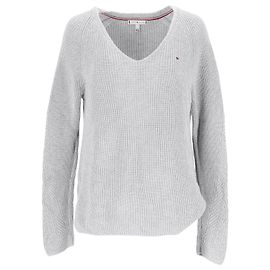 Tommy Hilfiger Suéter feminino canelado com decote em V e ajuste relaxado Cinza