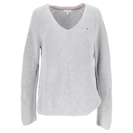 Tommy Hilfiger-Womens Rib Knit V Neck Relaxed Fit Jumper-Grey